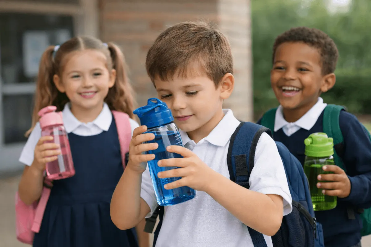 Three primary school children wearing school uniforms and backpacks, smiling while holding reusable water bottles.
