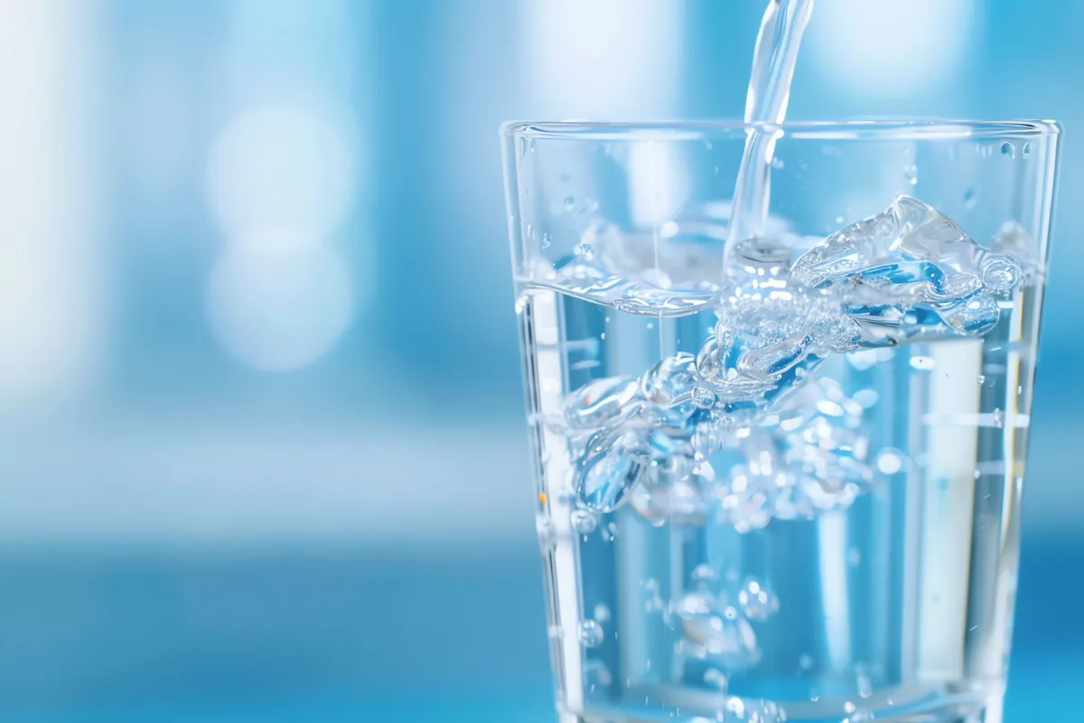 WFA-choosing certified water filters Glass of cold water with ice cubes, as water is being poured into it, against a blue blurred background with bubbles visible in the glass.