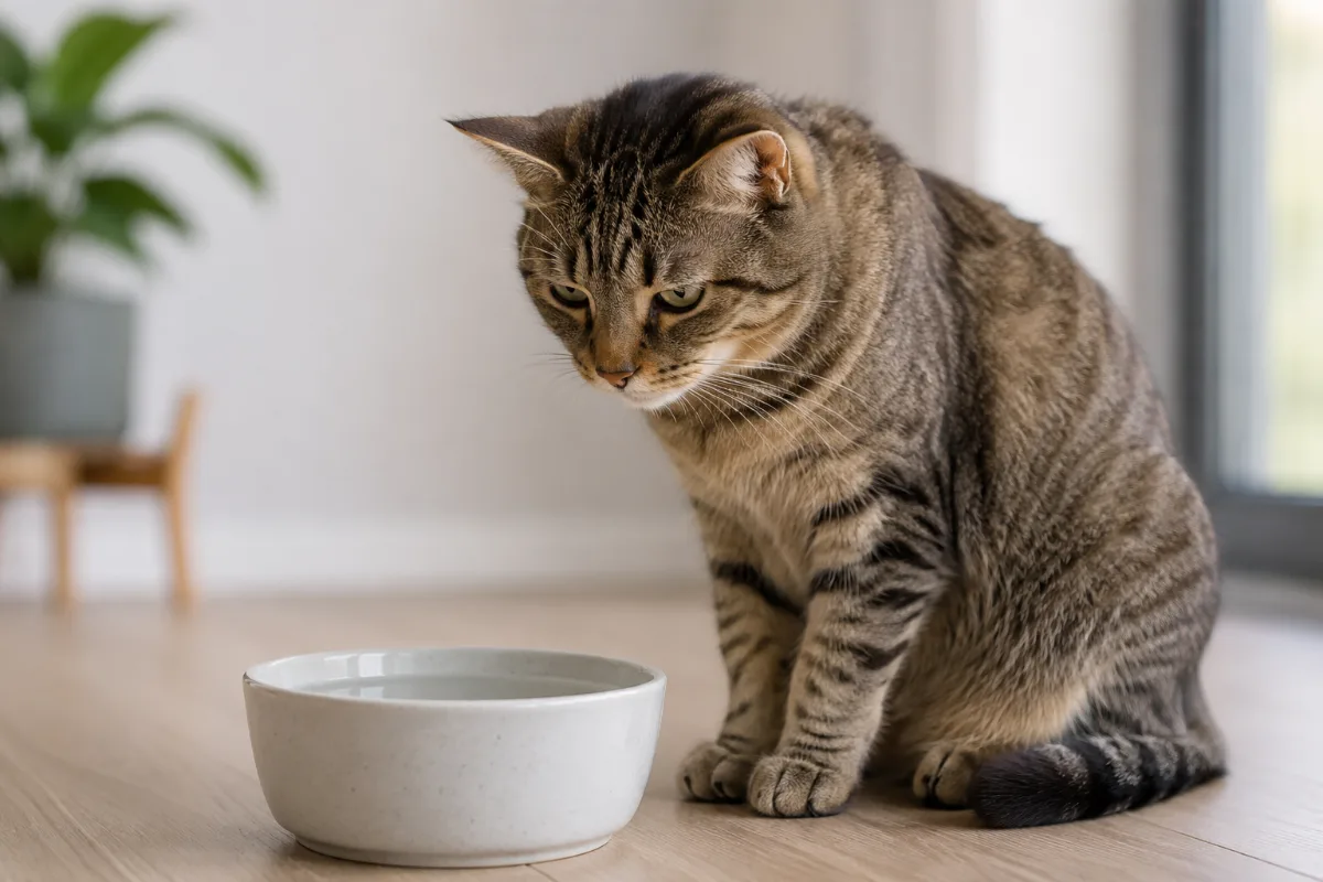 wfa-cat-hydration-concerns-1200x800 Cat sitting beside a bowl of tap water, appearing hesitant to drink indoors
