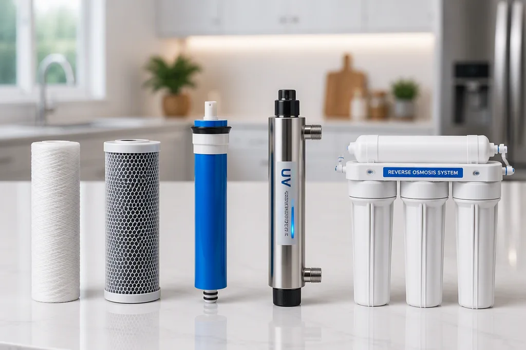 wfa-water-filter-vs-purifier Comparison of common household water filtration technologies including sediment, carbon, UV and reverse osmosis systems on a kitchen benchtop
