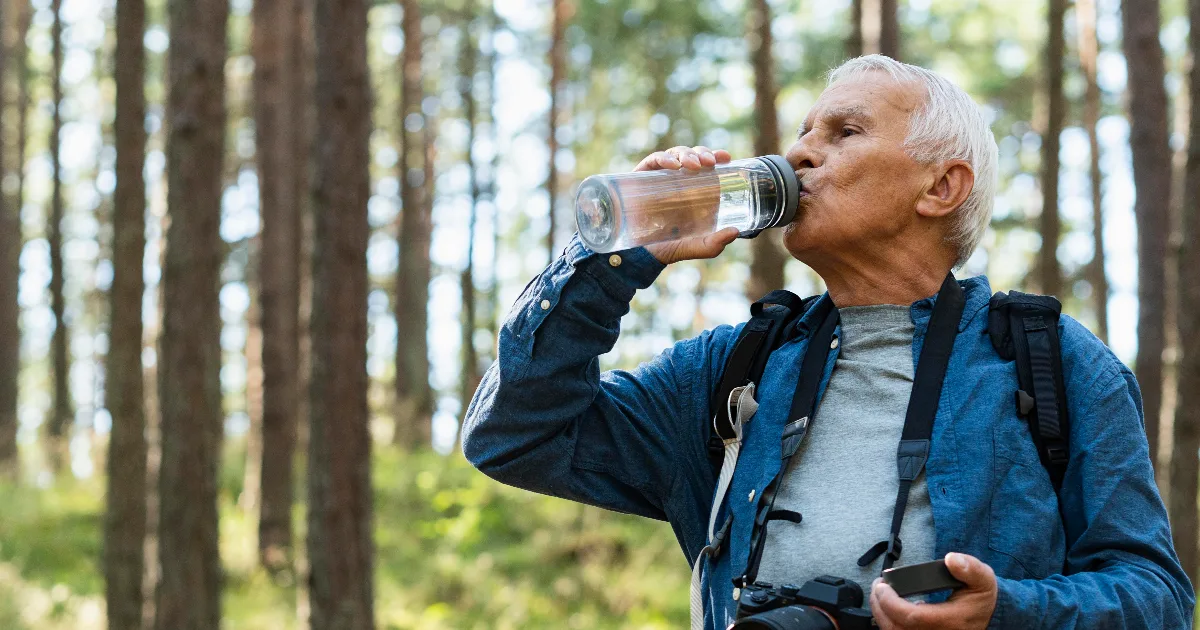 Senior man drinking filtered water from a clear reusable bottle while staying fit and healthy.