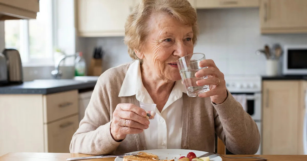 Senior woman drinking a glass of filtered water while eating food.